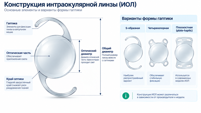 Конструкция ИОЛ: оптическая часть, гаптика, диаметры и варианты формы
